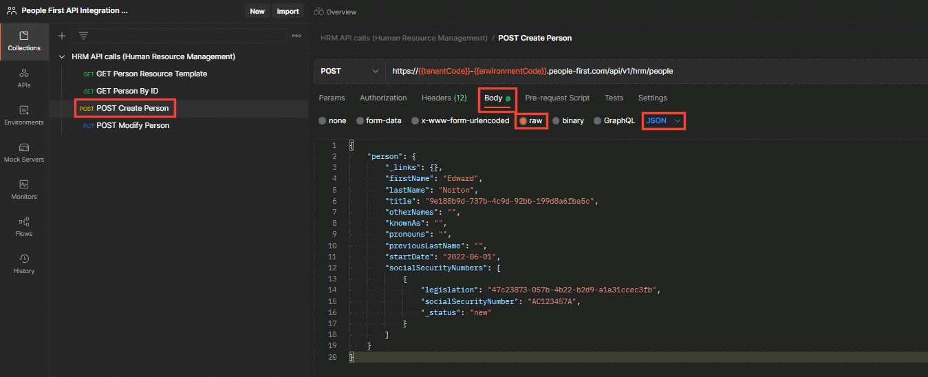 image showing how to navigate to the 'JSON' section of the CREATE Person request