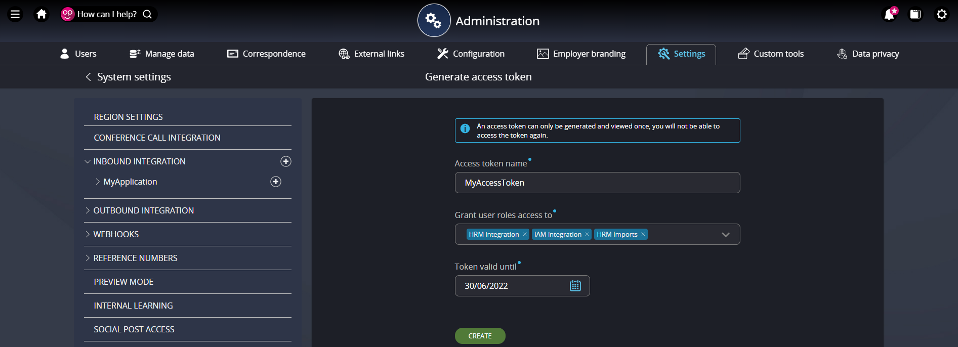 image showing entry of example information into inbound integration section