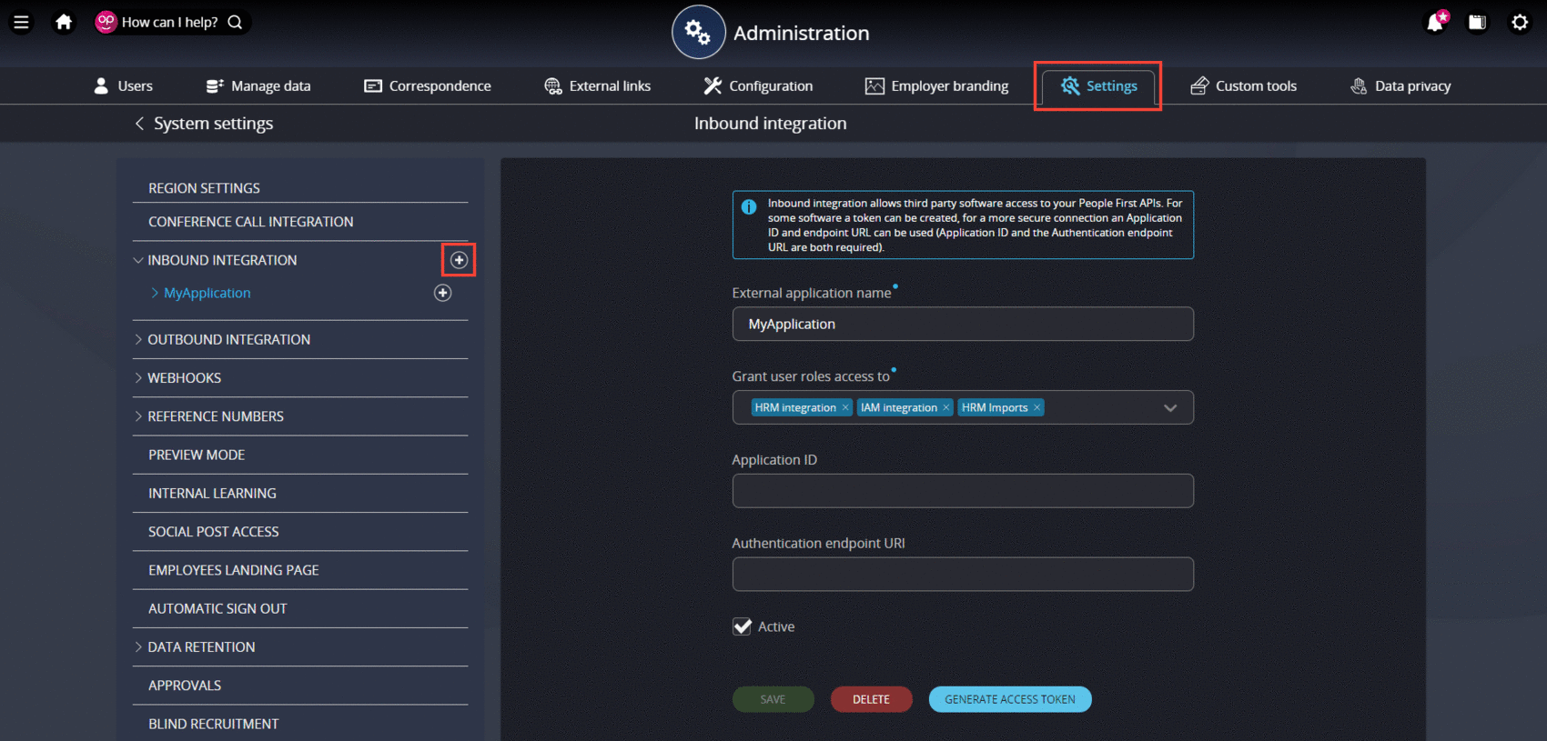 image showing where to click to navigate to 'inbound integration'