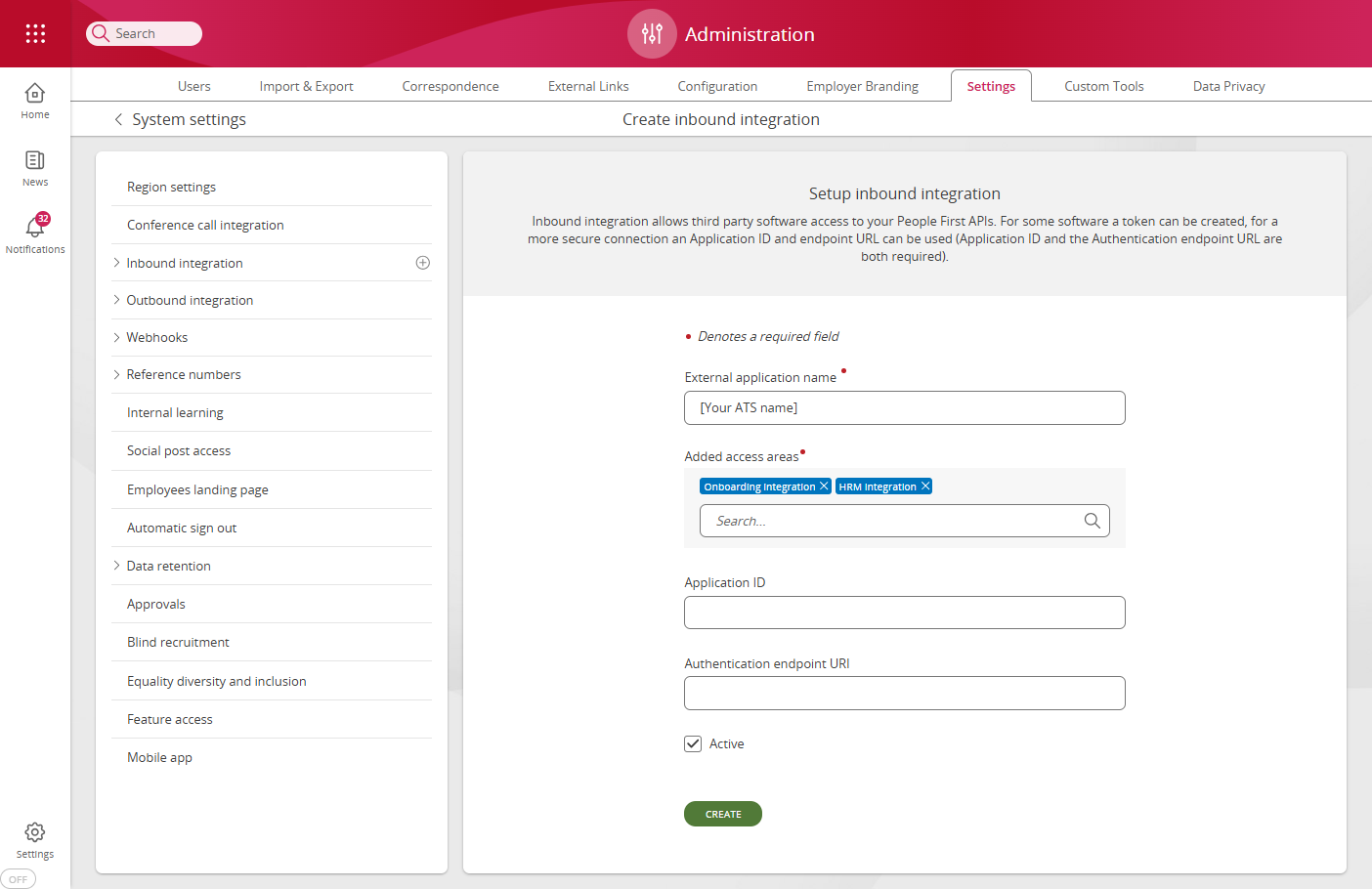 Image showing the inbound integration setup view in People First.