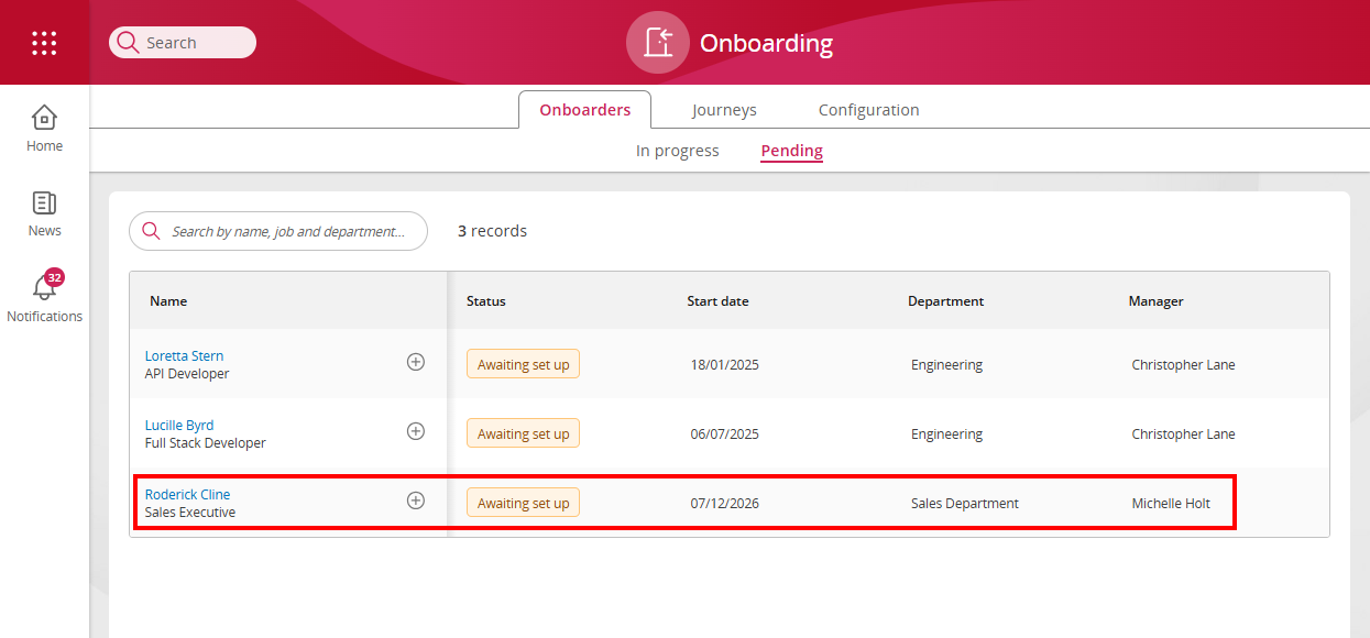 Image showing the pending onboarders table in People First.