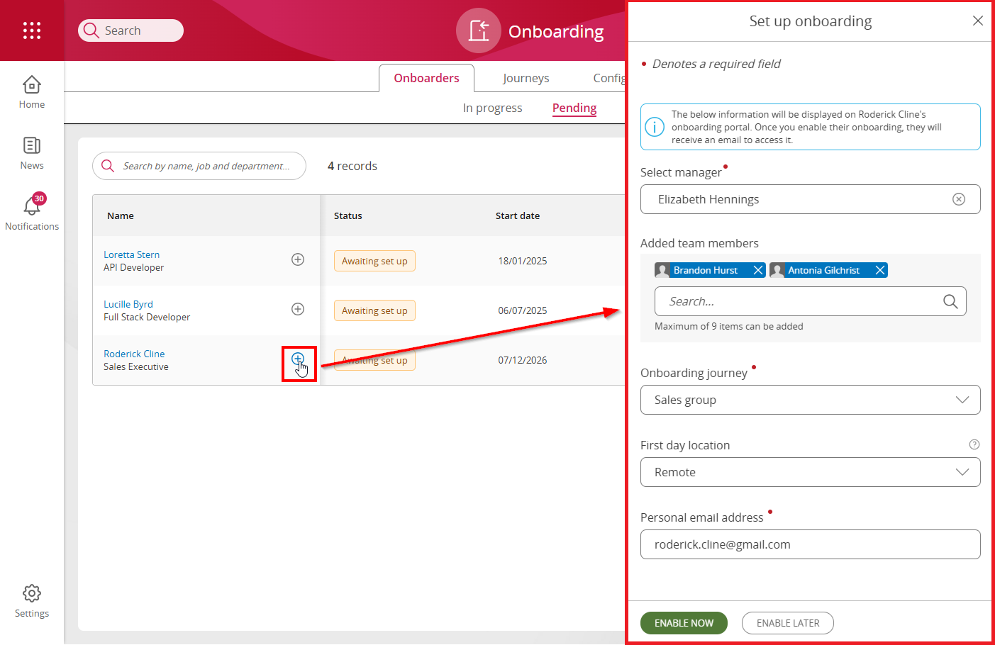 Image showing the cursor over the 'Set up onboarding' button and an arrow pointing to the Onboarding setup side panel.